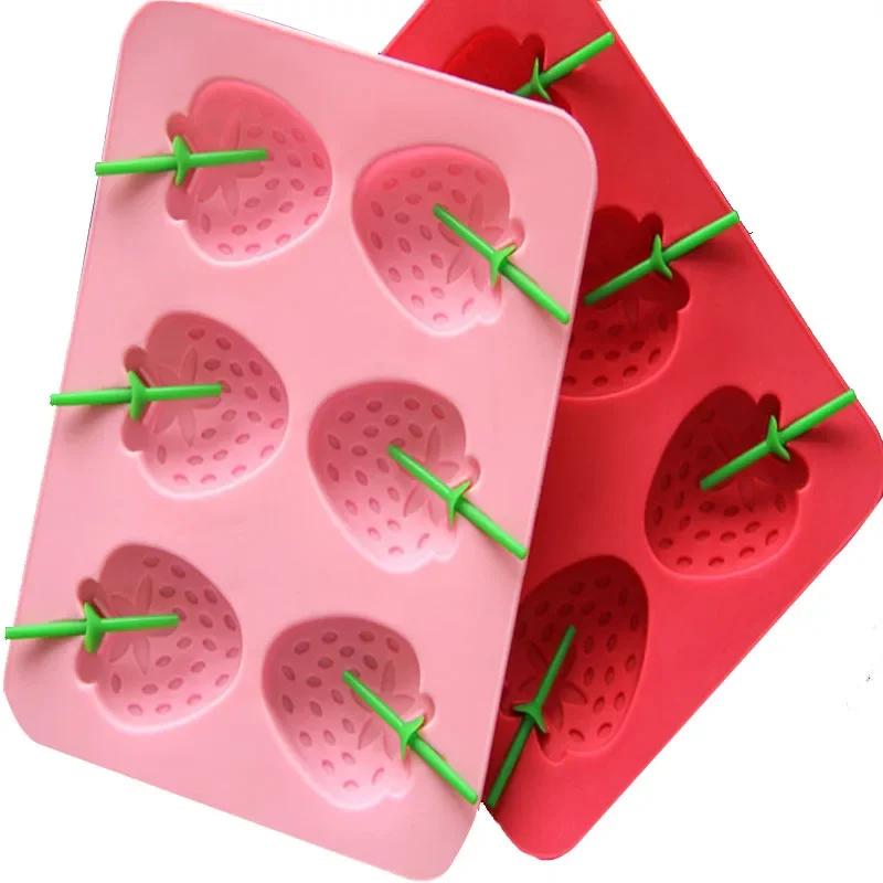 6 Cavity Strawberry Shaped Ice Mold DIY Silicone Ice Cube Tray Ice Cream Maker Lollipop Mold Ice Cube Mold