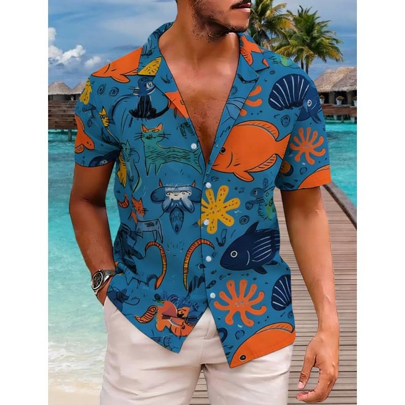 Men's Classic Retro Ocean Animal Print Short Sleeve Shirt Dinosaur Print Top