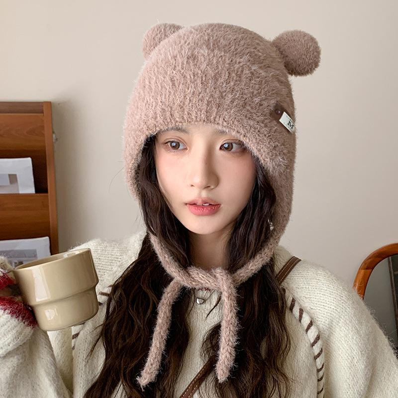 Autumn and Winter Warm and Cold Hat Big Head Circumference Showing Face Small Knitted Hat Cute Plush Bear Ears Warm Lei Feng Hat for Women