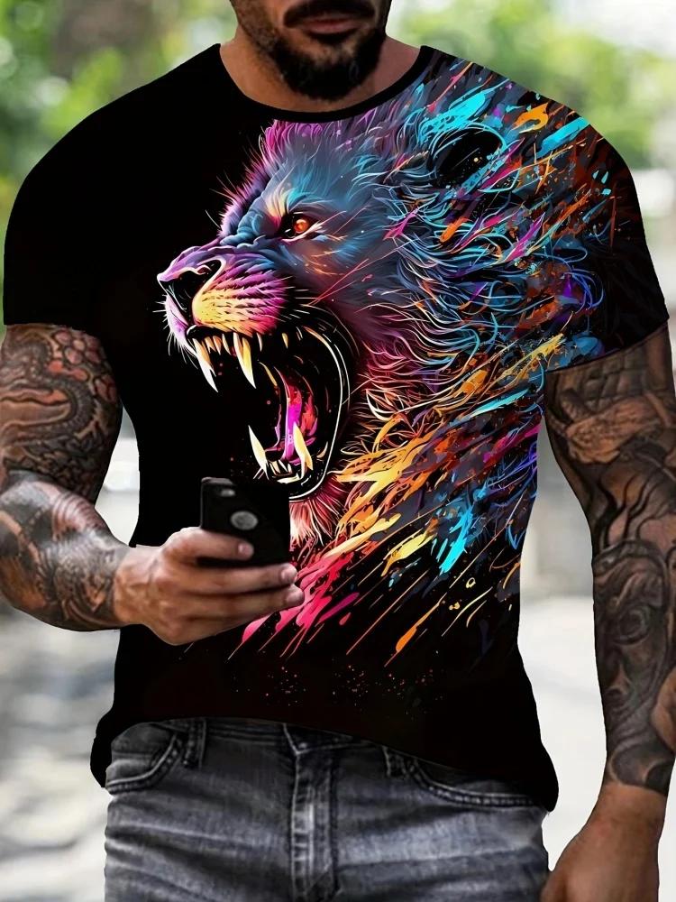 Sommer Tägliches Lässiges Herren Kurzarm Oberteil Neues Outdoor Sport Herren Locker T-Shirt Urban Street 3D Löwen Druck Herren T-Shirt