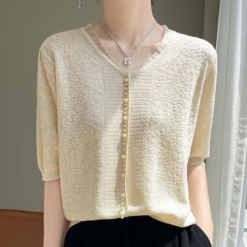 

V-neck Tennis Sweater Three-point Short Sleeve Women s Summer Thin French Lantern Sleeve Top T-shirt Base Shirt XL бежевый