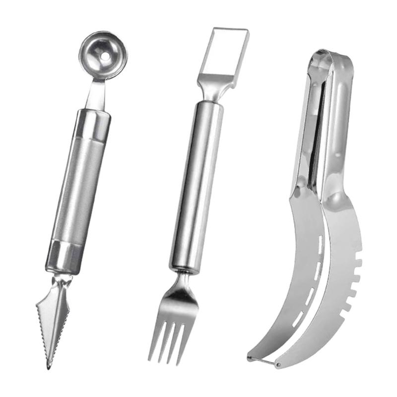 

3 Piece Professional Steel Fruit Cutting Tools Set Includes Watermelon Cubing Slicers And Melon Ball Scooper Fork