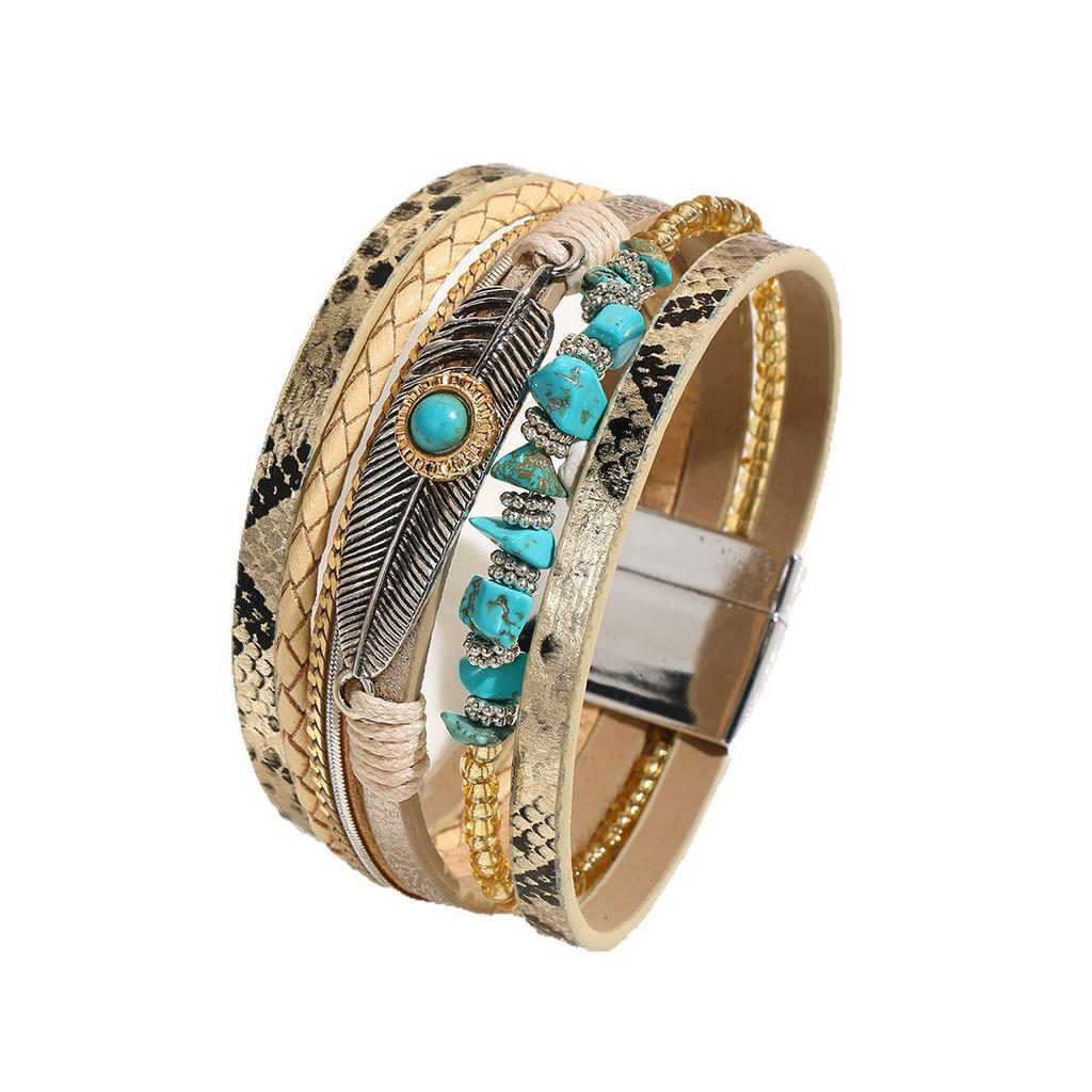 Bohemian Style Crushed Stone Feather Leather Bracelet with Vintage Turquoise and Magnetic Clasp