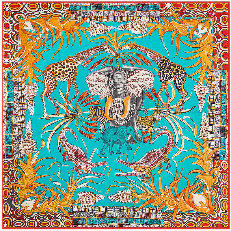 130cm Twill Silk Scarf Women Luxury Brand Giraffe Elephant Design Square Scarves Large Bandana Kerchief Hijab Female Head Scarf