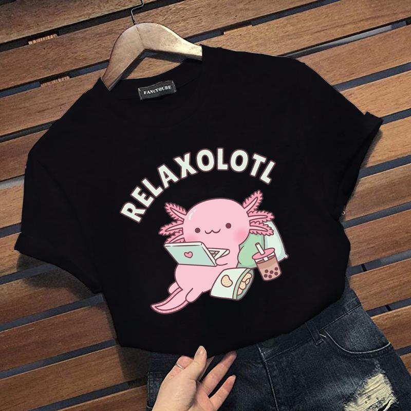 New Personalized Creative Axolotl Graphic Print T-shirt Cute RELAXOLOTL Harajuku Casual Loose Short-sleeved Shirt