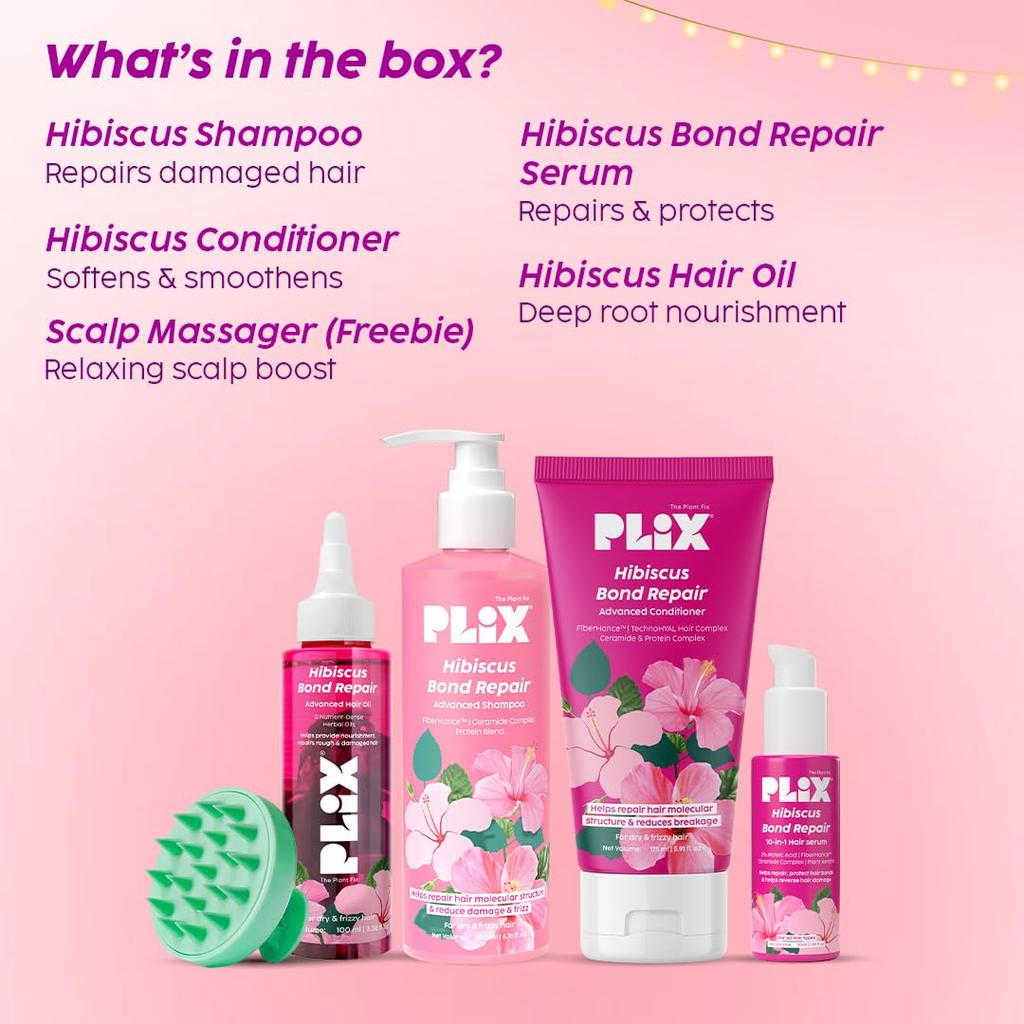 PLIX Hibiscus Hair Care Gift Box | Reduces Breakage, Boosts Shine & Smoothness | With Hibiscus, Bond Repair Serum & Biotin | Pack of 5