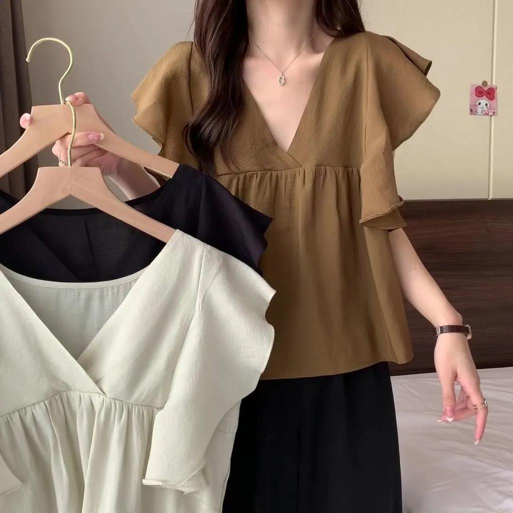 Flying Sleeve Chiffon Shirt for Women's Summer Women's Loose and Chic V-neck Shirt