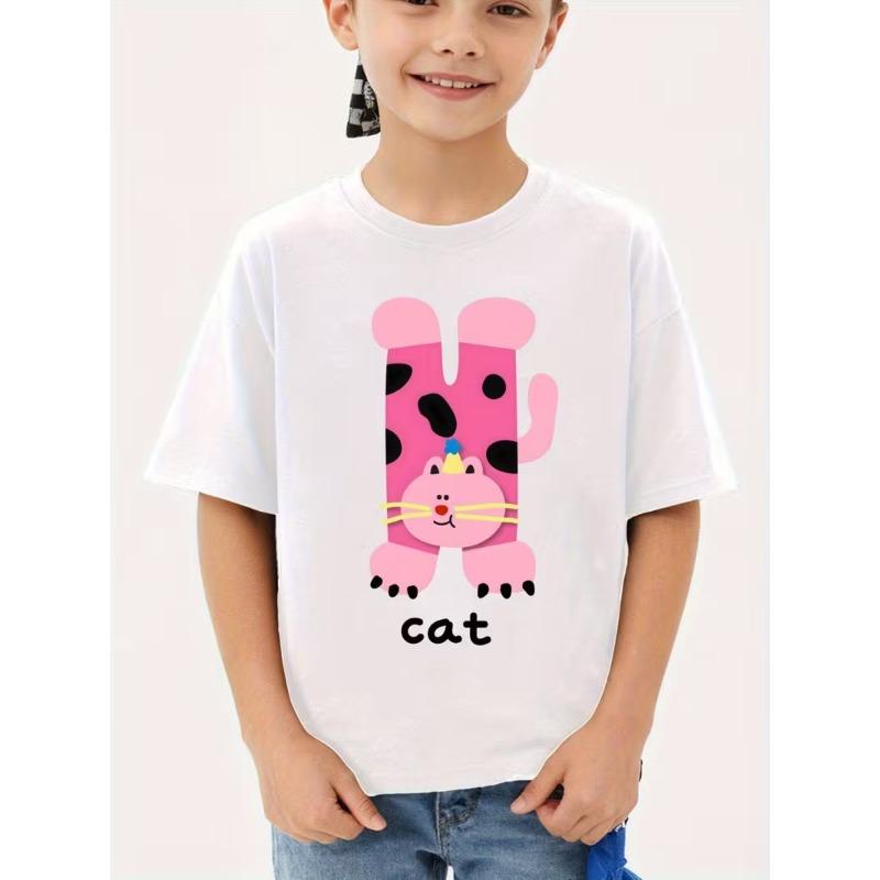 European Sizes Boys' Short Sleeve T-Shirt with Adorable Upright Kitten & Tabby Cat Paw Prints - Summer Casual Round Neck Tee