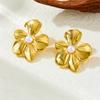 Gold Plated Stainless Steel Flower Stud Earrings With Pearl Center For Women