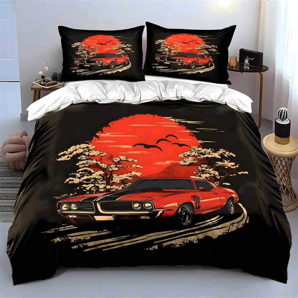 Retro Oldtimer mit rotem Sonnenuntergang Bettwäsche Bettbezug Set  (1*Bettbezug 2*Kissenbezüge, ohne Bettdecke)