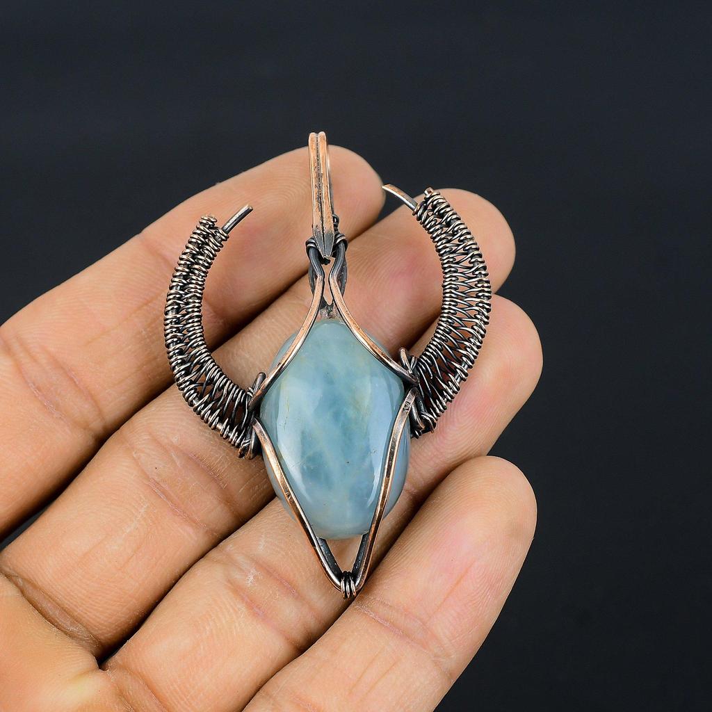 Aquamarine 999 Copper Wire Wrapped Pendant, Handmade Gemstone Pendant Jewelry, Gifts For Wife Brand New Pendant