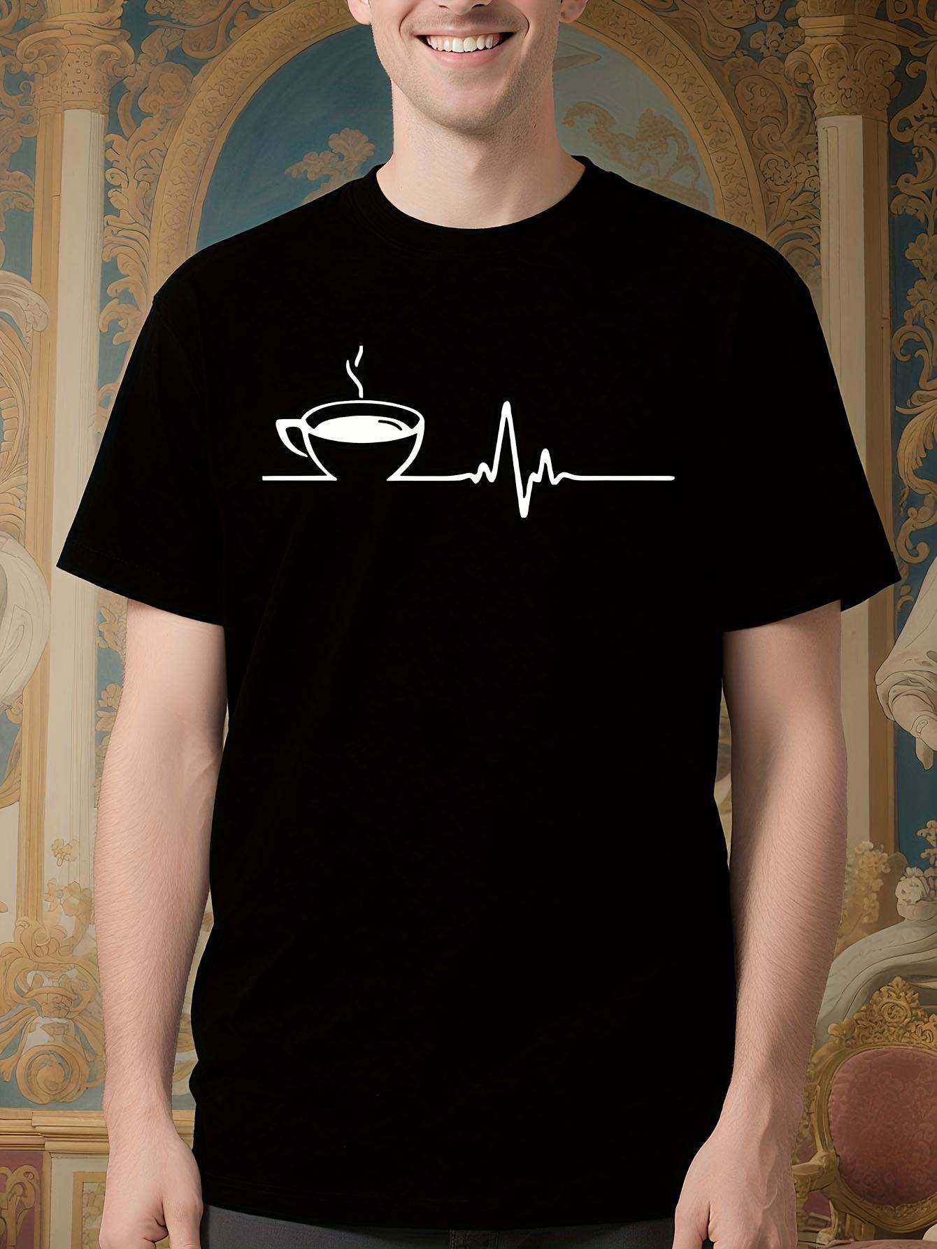 Black Tshirt - Casual Crew Neck Tee with Coffee Cup and H... L