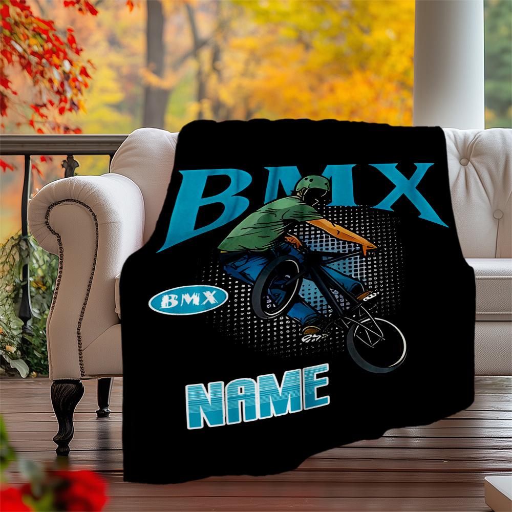 Bmx Rider Performing Extreme Tricks Personalized Outdoor Blanket Personalized Text Ultrasoft Great For Picnics Outdoor Travel And Camping Sofa Office