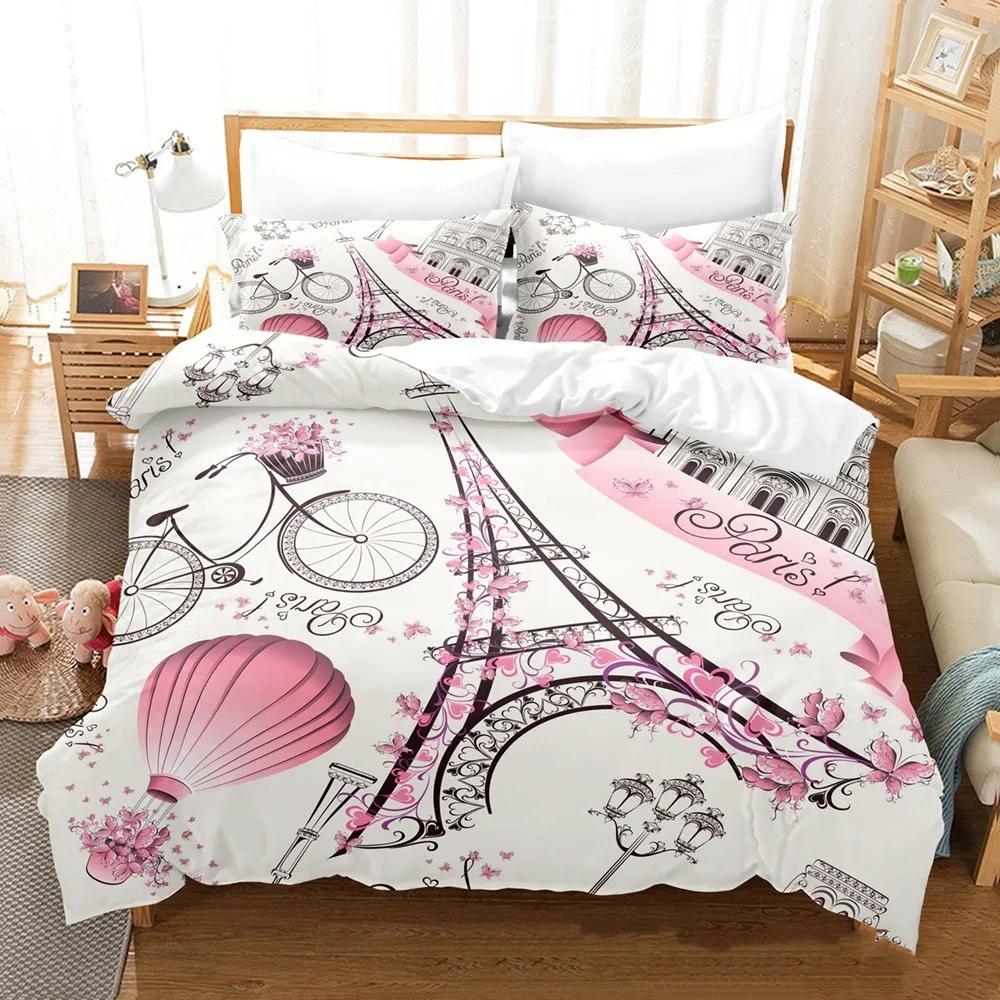 King Comfortable Quilt Cover Set Beding Digital Printing Pink Love Paris Tower Luxurious Bed Linen Set 28*28 Including (duvet Cover+pilowcase