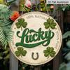 2D Flat - 1pc Round Sign, Vintage Aluminum Plaque with "Lucky Four Leaf Clover Horseshoe", "Lucky Charm Good Luck Blessing" Decorative Sign, Suitable