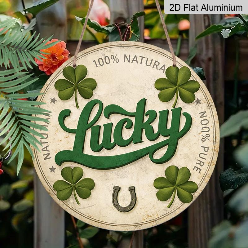 2D Flat - 1pc Round Sign, Vintage Aluminum Plaque with "Lucky Four Leaf Clover Horseshoe", "Lucky Charm Good Luck Blessing" Decorative Sign, Suitable