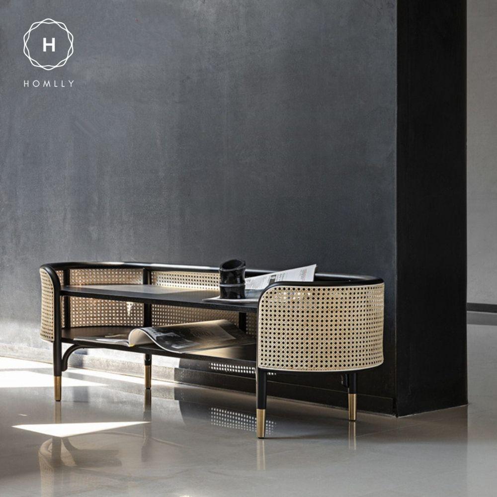 Homlly Natural Rattan Black Solid Wood Display Furniture Sets