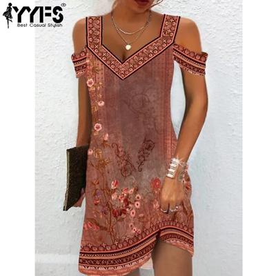 Women's Fashion Summer Spring Print Short Sleeve V-Neck High Waist Casual Dresses