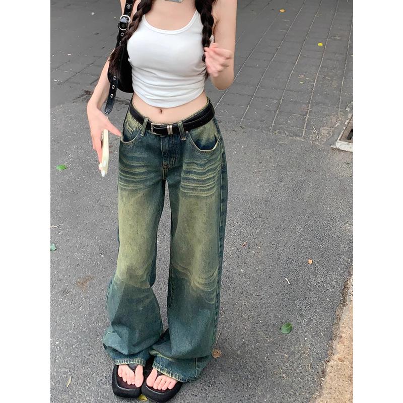 Plus Size Retro Distressed Low Waist Straight Jeans for Women - Autumn Loose Fit Wide Leg Trousers