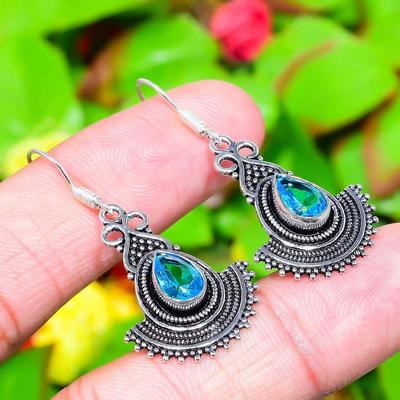 Natural Blue Topaz Gemstone Handmade 925 Sterling Silver Earring 1.73" L4L38