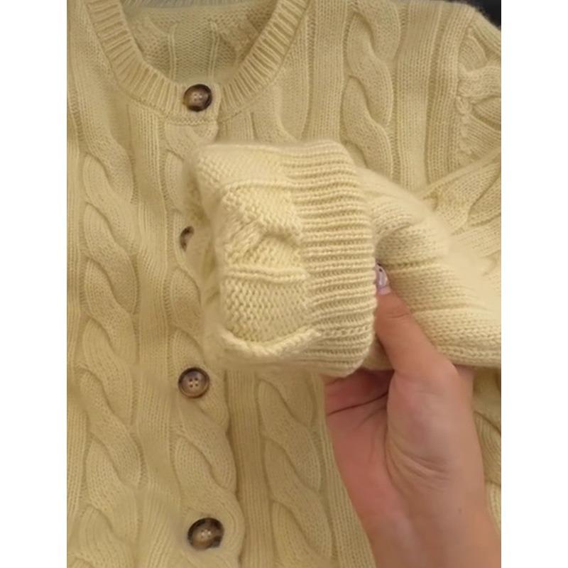 New twist crew neck sweater jacket women's autumn and winter soft waxy lazy gentle wind yellow knitted cardigan