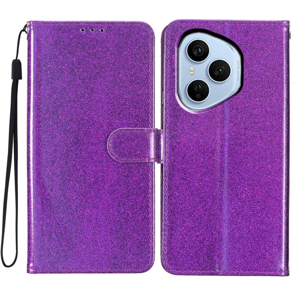 Für Honor 400 Pro 5G (Global) Glitzernde Kratzfeste Leder-Ständer-Handyhülle mit Riemen