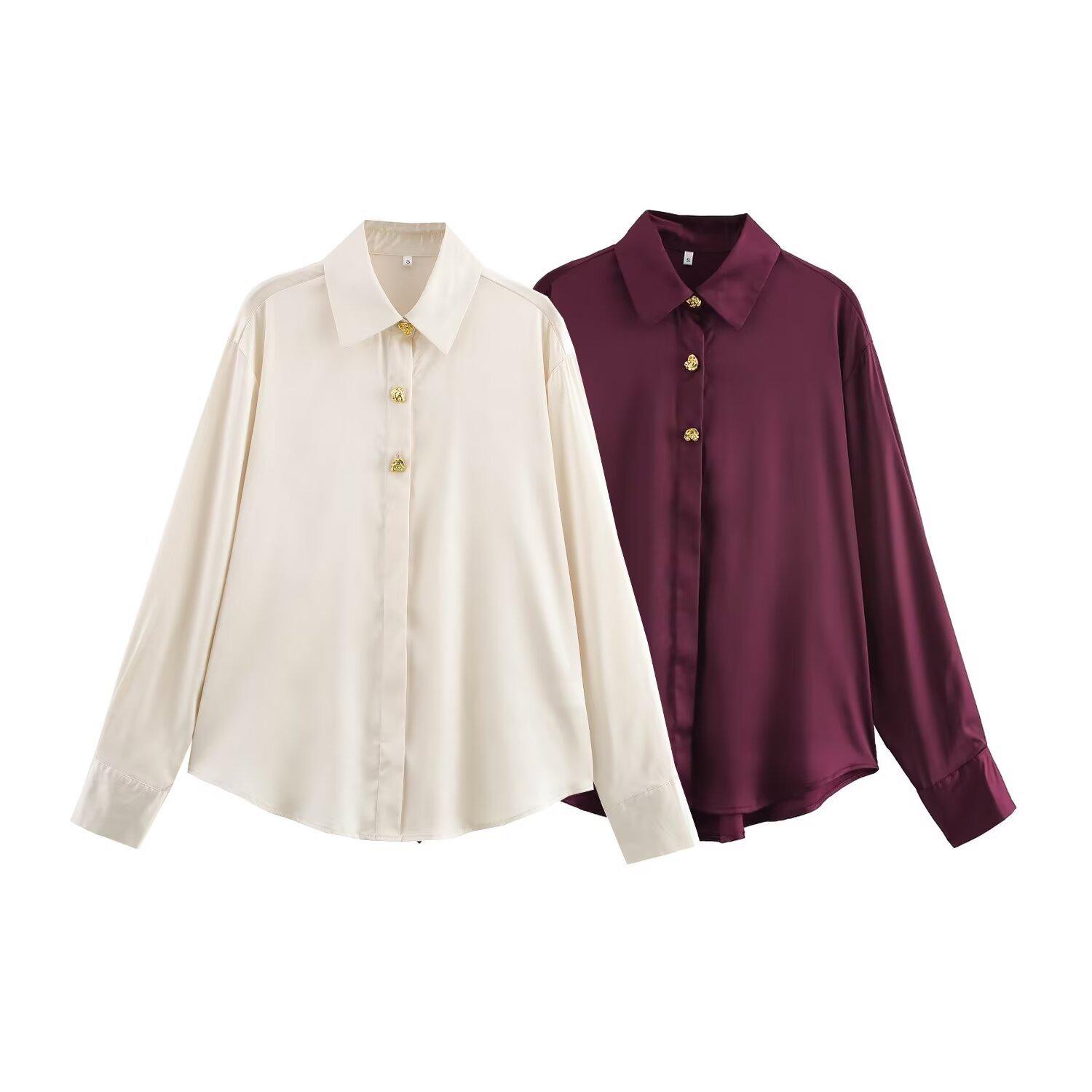 

Women s Spring 2025 Silk Satin Long-Sleeve Shirt with Turn-Down Collar XS