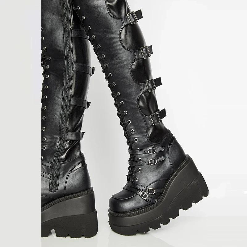 Fashion Punk Over-the-knee Boots Women Platform Heels Belt Buckle  Boot Motorcycle Goth Shoe Thigh High Flat Boots Plus Size 42 43