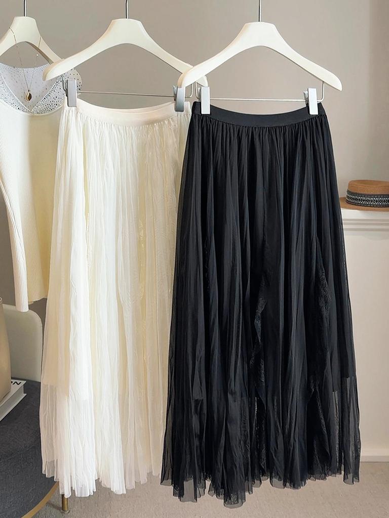 A-line Pleated Mesh Midi Skirt for Women - 2026 Spring/Summer High-waisted, Loose Fit, Large Hem Design.