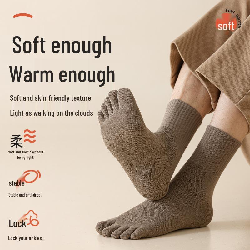 Men's Five-Finger Cotton Toe Socks - Thick, Velvet, Mid-Tube, Sweat-Absorbent, Anti-Odor, for Autumn and Winter.