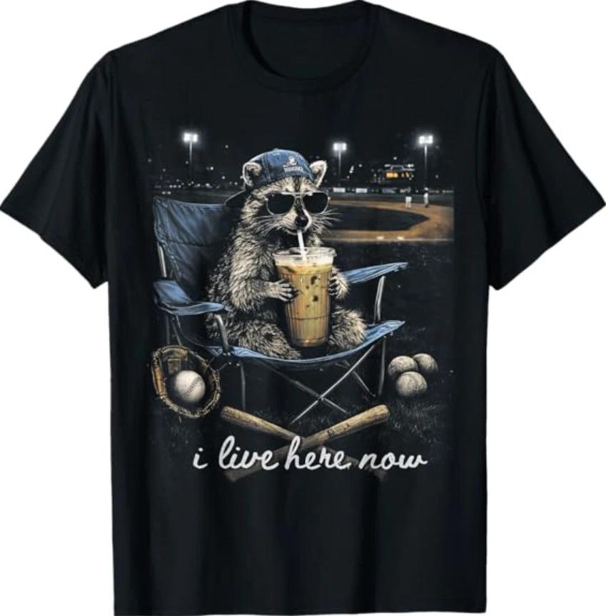 

Funny Raccoon Baseball Iced Coffee Lover I Live Here Now T-Shirt 4XL