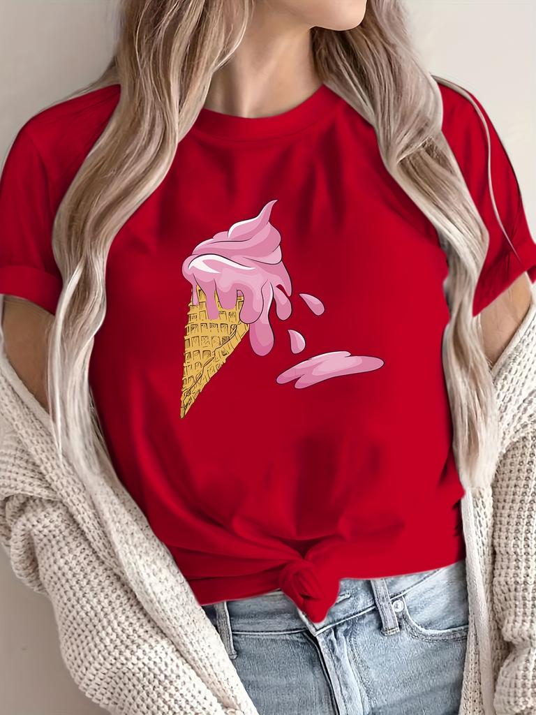 WomenS Casual Ice Cream Print Short Sleeve Crew Neck Tee Regular Fabric Top for Harajuku Sleeve Casual Aesthetic Clothes