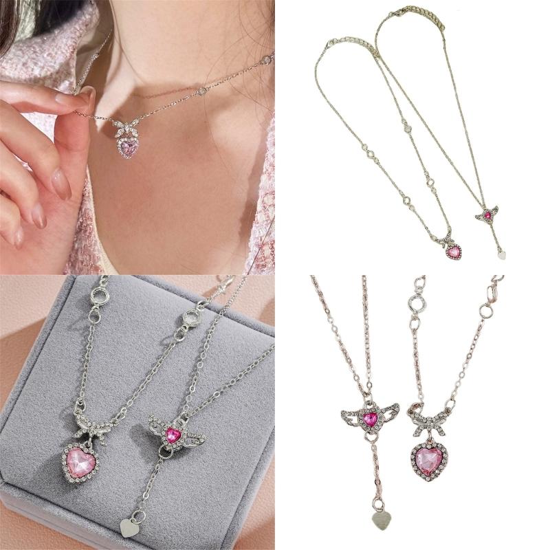 2pcs/set Zircon Heart Pendant Necklace Crystal Angel Wing Collarbone Chain for Women Girl Aesthetic Jewelry Long Chain