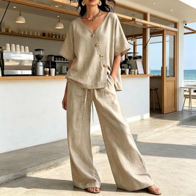 Two Piece Outfits for Women Button Down V Neck Short Sleeve Top And Drawstring