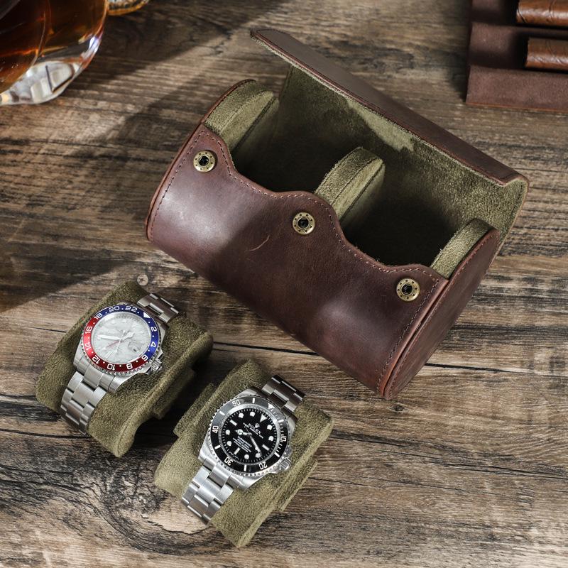 Vintage Crazy Horse Leather Watch Storage Box - Two-Piece Handmade Travel Case