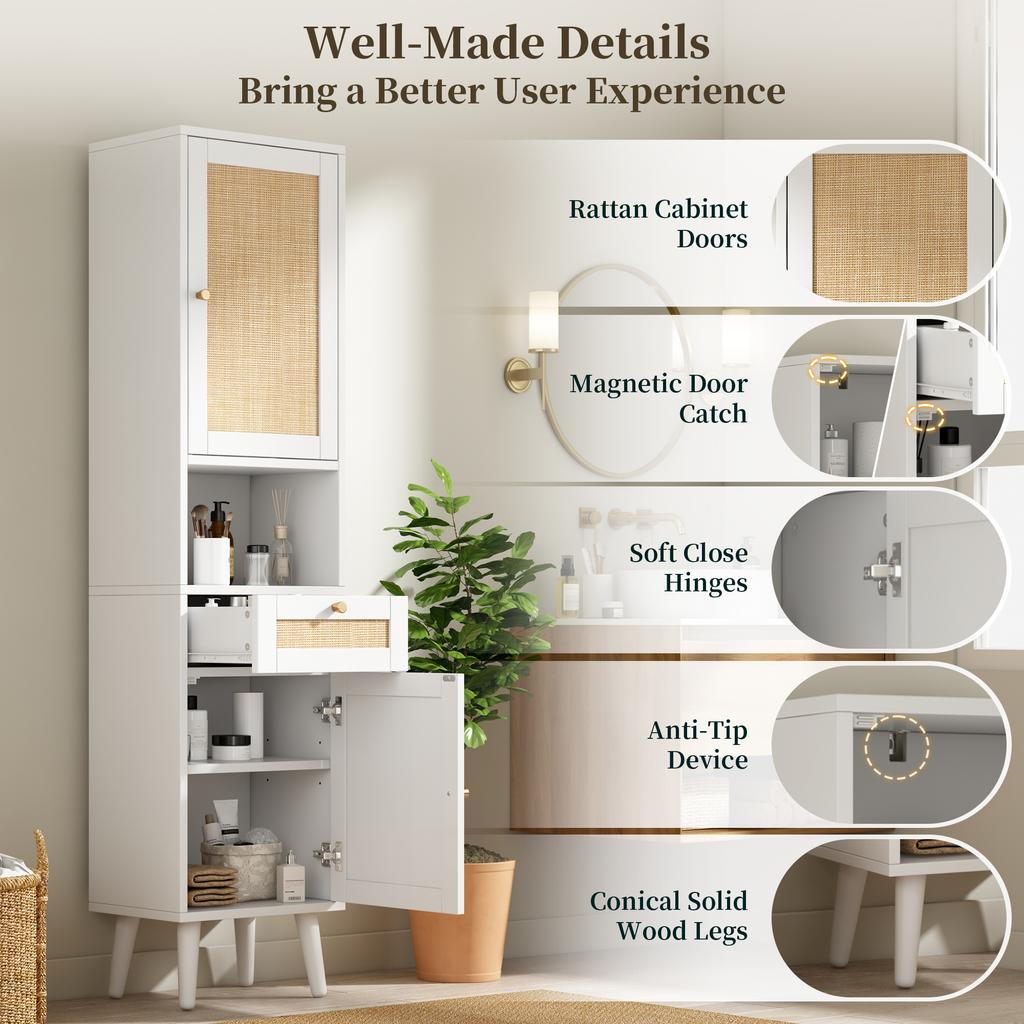 Hoher Stand-Badezimmerschrank, Rattan-Türen, Links-Rechts umkehrbar, Schublade, Magnetverschluss, Soft-Close-Scharniere, 40×30×166 cm, Weiß