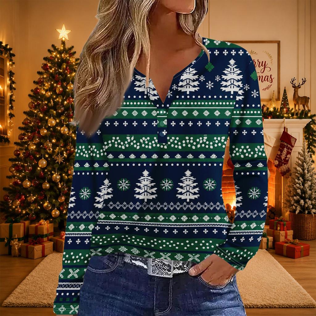Women's Casual Christmas Print V-Neck Long Sleeve T-Shirt with Button