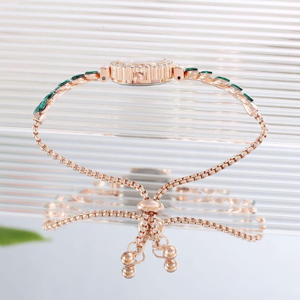 Fashion Green Leaf Thin Belt With Diamond Malachite Green Round Women'S Watch Pull Adjustment Chain Women'S Quartz Watch