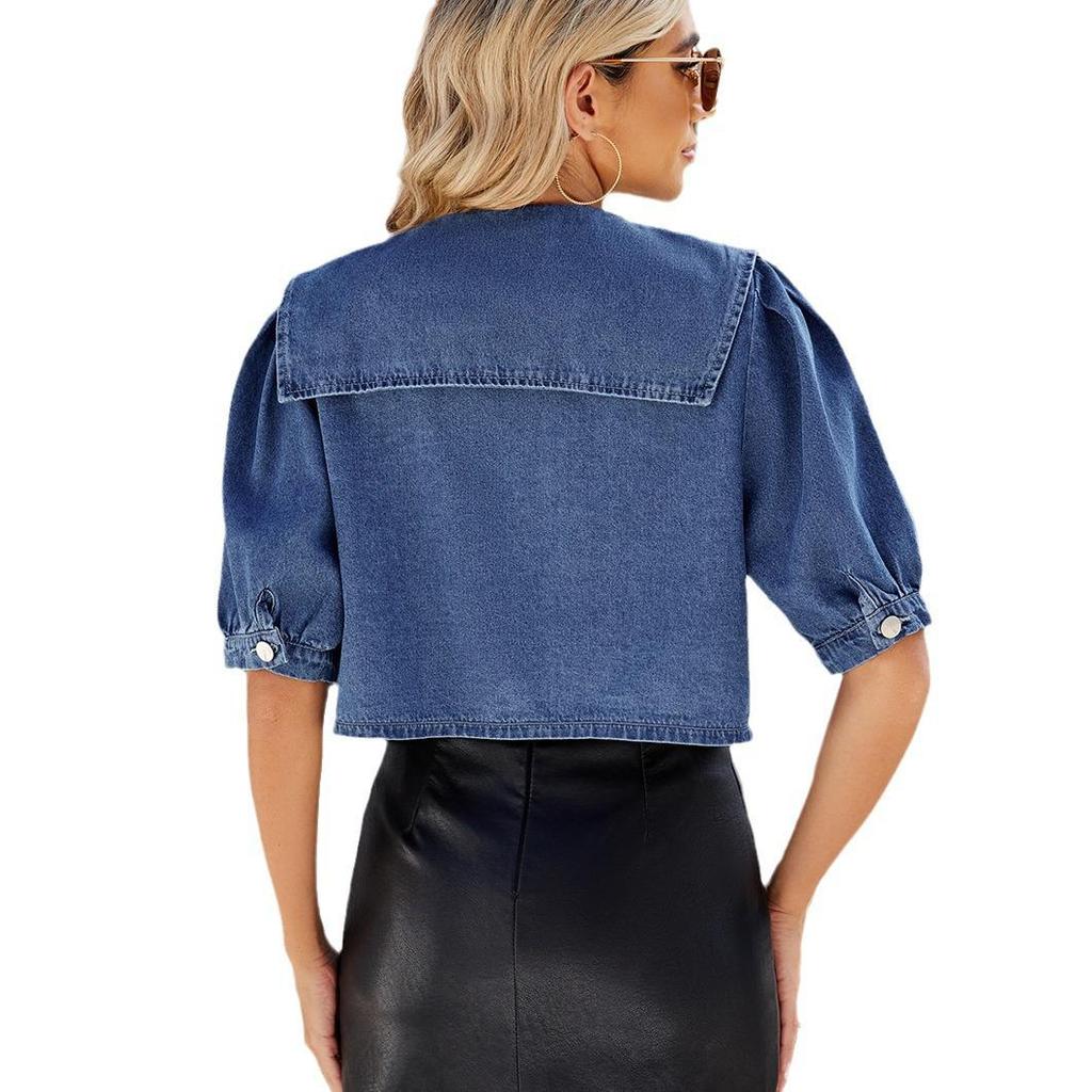 European and American Sailor Collar Denim Jacket - Women's Spring/Summer Collection