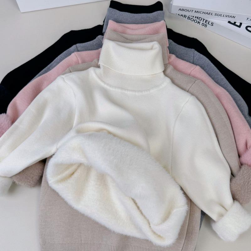 Girls Thick Fleece Lined High Neck Knitted Sweater Kids Winter Warm Bottoming Top