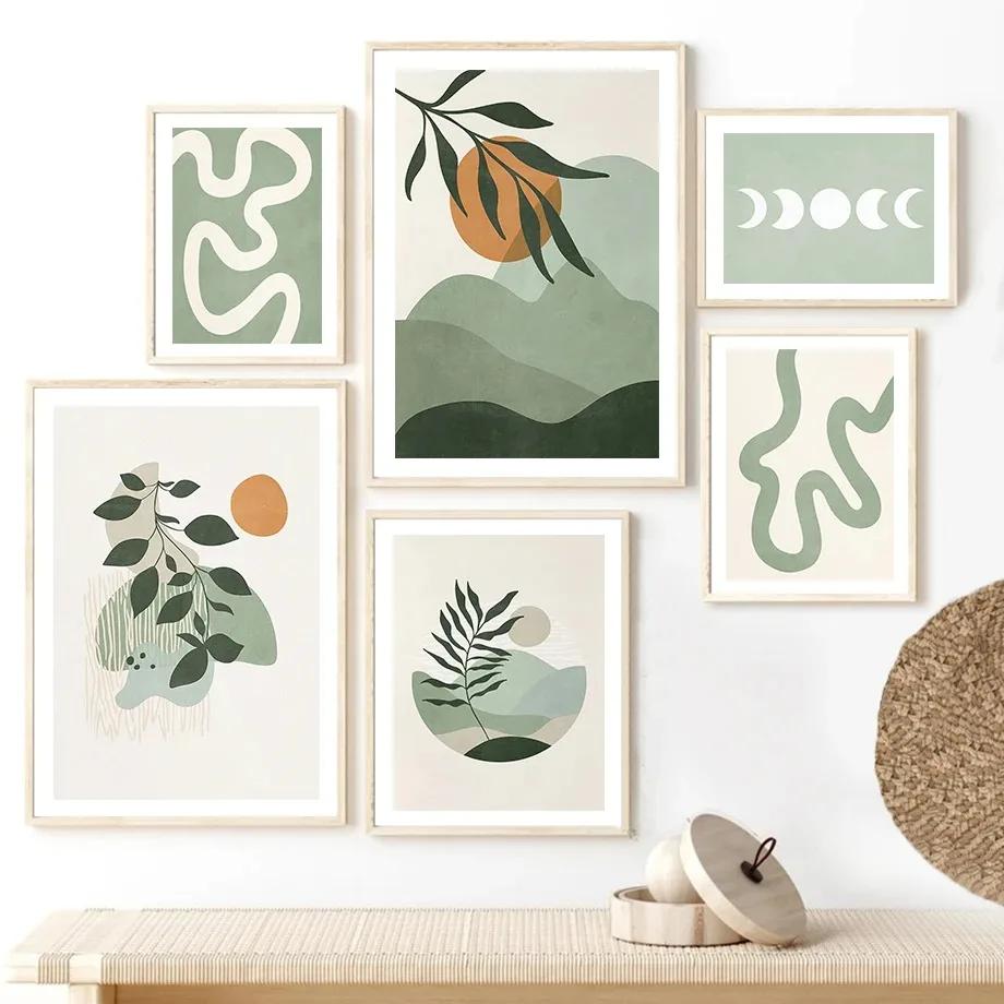 Abstract Green Plant Poster and Print Line Bohemian Moon Wall Art Sage Canvas Painting Nordic Wall Picture Living RoomDecorat