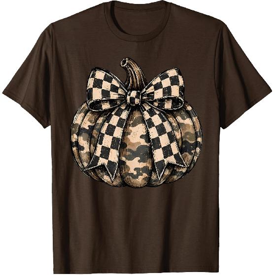 Camo Pumpkin with Checkered Bow Cute Fall Halloween Season T-Shirt