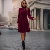 Spring Women Velvet Dress Long Puff Sleeve High Waist A-Line Knee-Length Solid Color Stand Collar Casual Dresses
