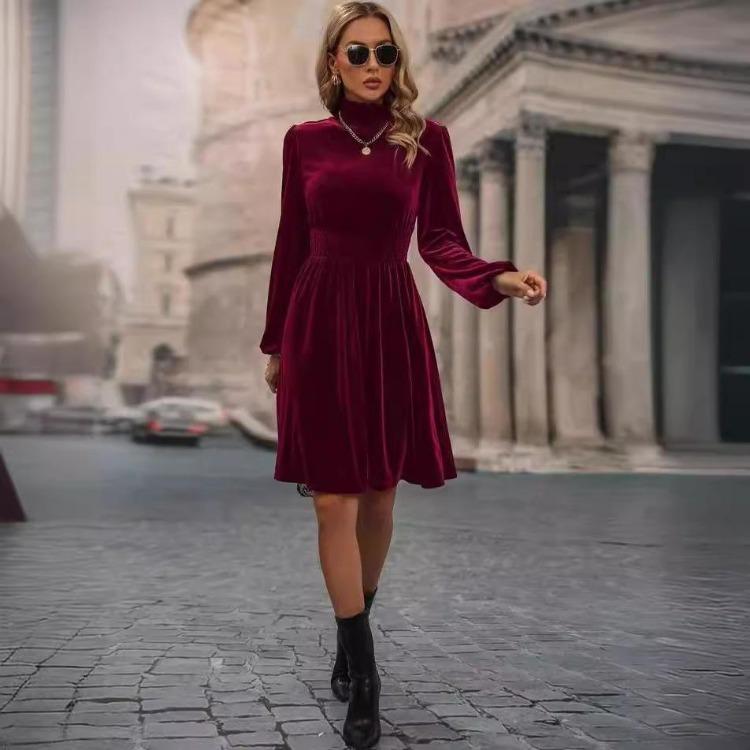 Spring Women Velvet Dress Long Puff Sleeve High Waist A-Line Knee-Length Solid Color Stand Collar Casual Dresses