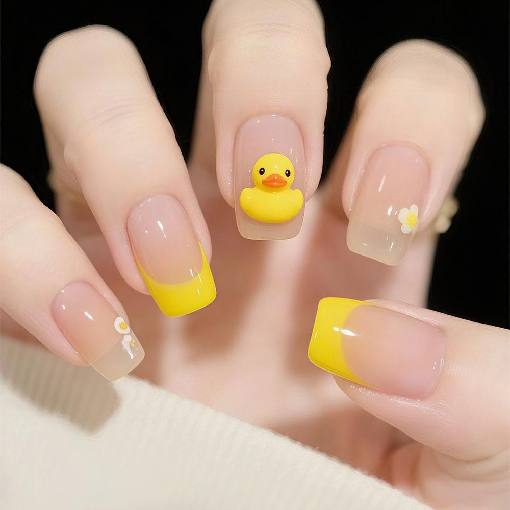 

Wearable Short French Manicure Nails with Little Yellow Duck and Flower Art - 24 Pieces