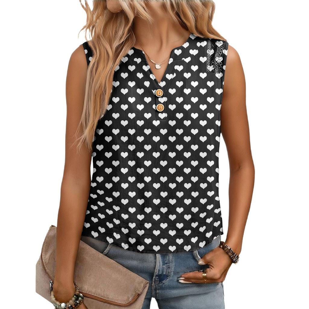 Women's Casual, Loose-Fitting, Printed, Sleeveless Linen Blouse
