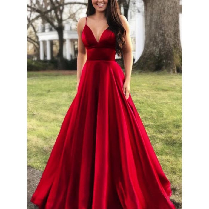 Summer new European and American women's clothing sexy V-neck dress suspender solid color sleeveless fashion evening dress