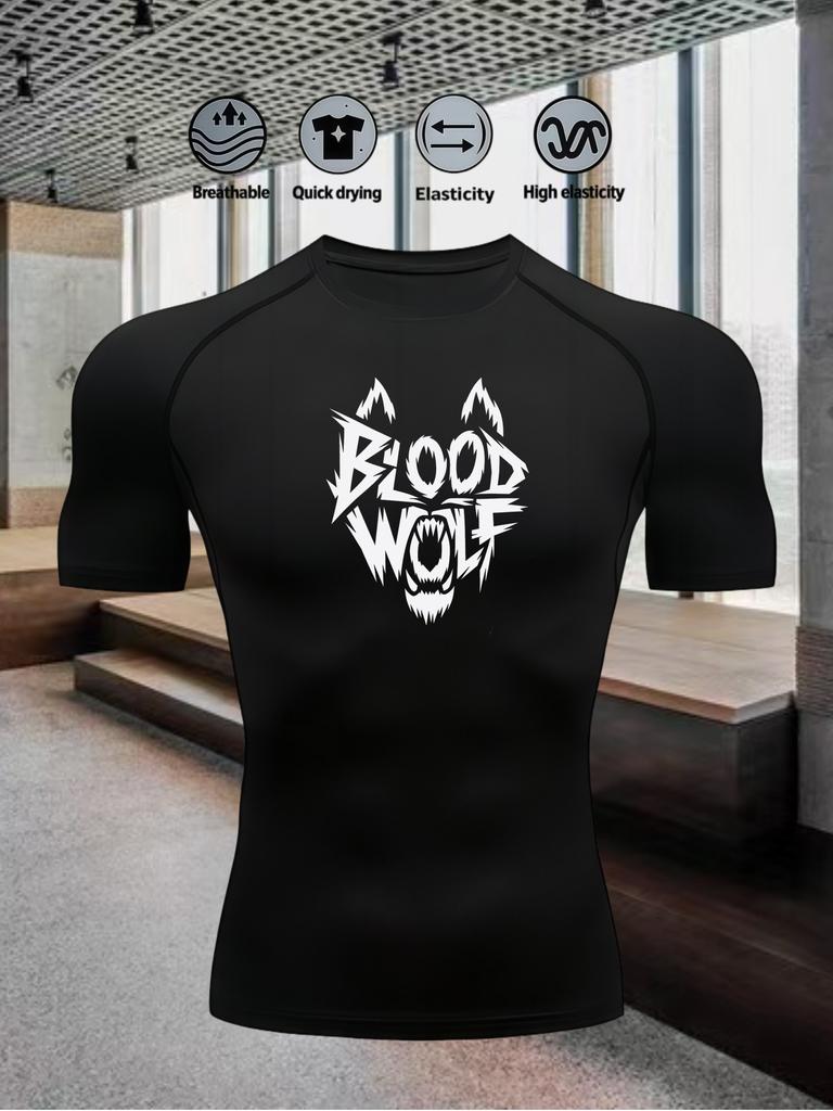 Men's Chest Blood Wolf Shaped Logo Print Compression Shirt High Elasticity Moisture Wicking Sportswear