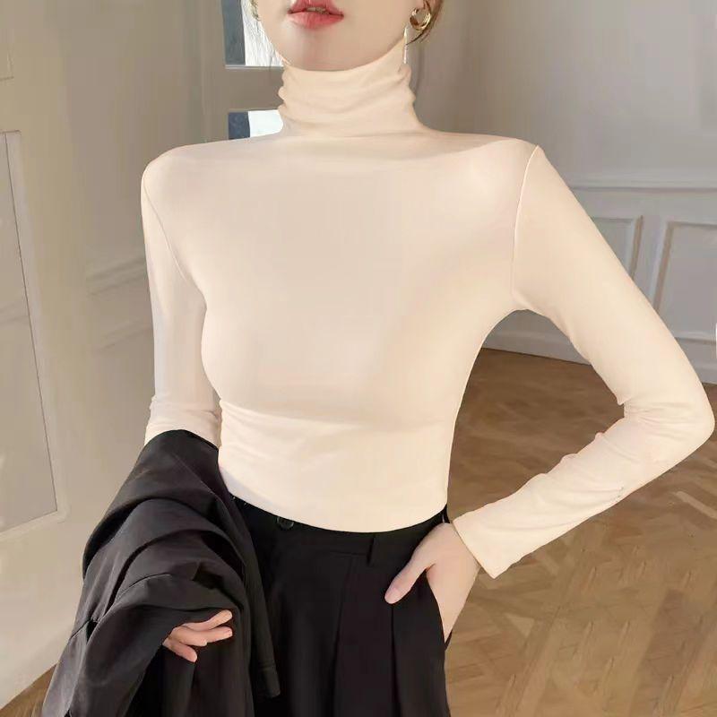All-match Solid Color Pullover Long Sleeve Women's Clothing Spring Autumn Turtleneck T-shirt Casual Vintage Office Lady Tops