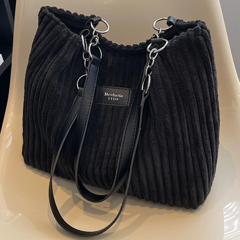 Vintage Corduroy Solid Color Shoulder Bag, Suitable for Autumn and Winter Seasons, Large Capacity, Lightweight Ideal for Shopping, Travel